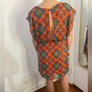 Elegant Orange and Green Patterned Mini Dress
